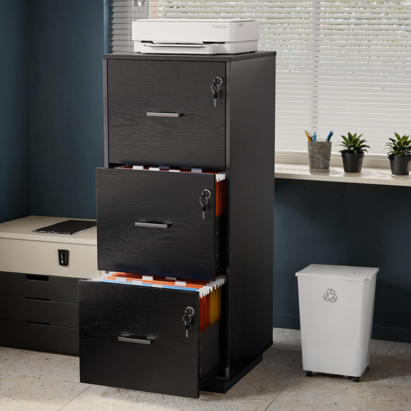 Wood 3-Drawer Lockable File Cabinet for Home Office - Black