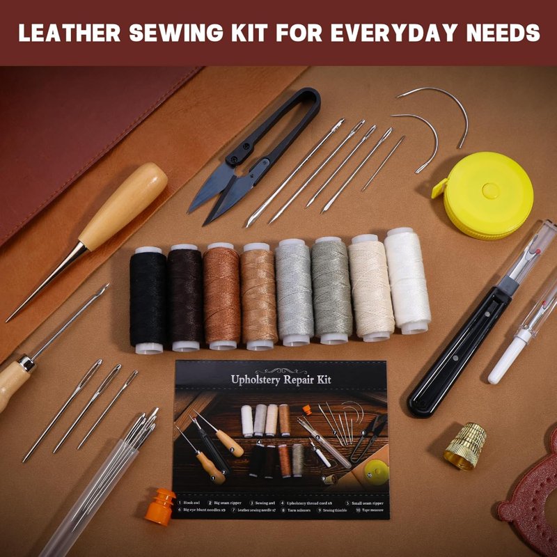 Heavy Duty Sewing Kit with Needles, Awl & Repair Tools for Upholstery & Leather