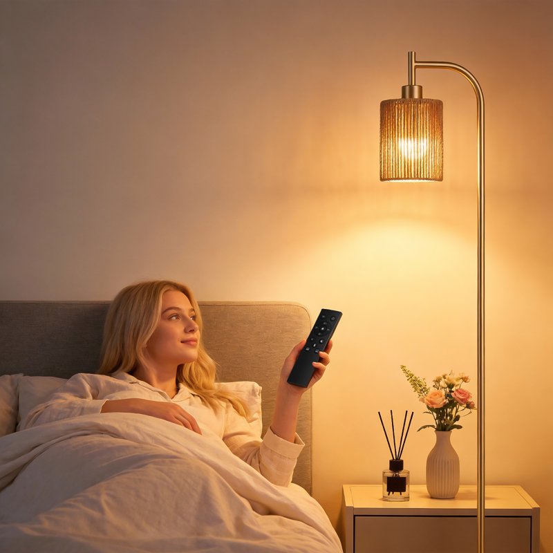 66-Inch Rattan Floor Lamp with Remote Control and Dimmer for Living Room, Bedroom, Office - Gold Boho Standing Light