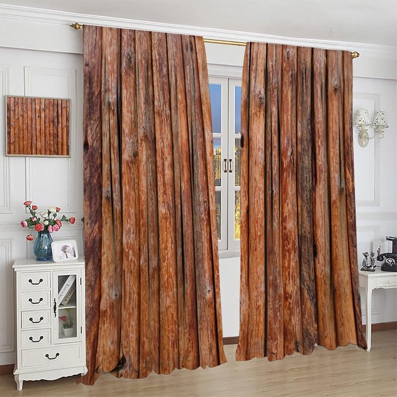 Rustic Wooden Kitchen Curtain Set - Vintage Brown Room Darkening Drapes for Living Room & Bedroom