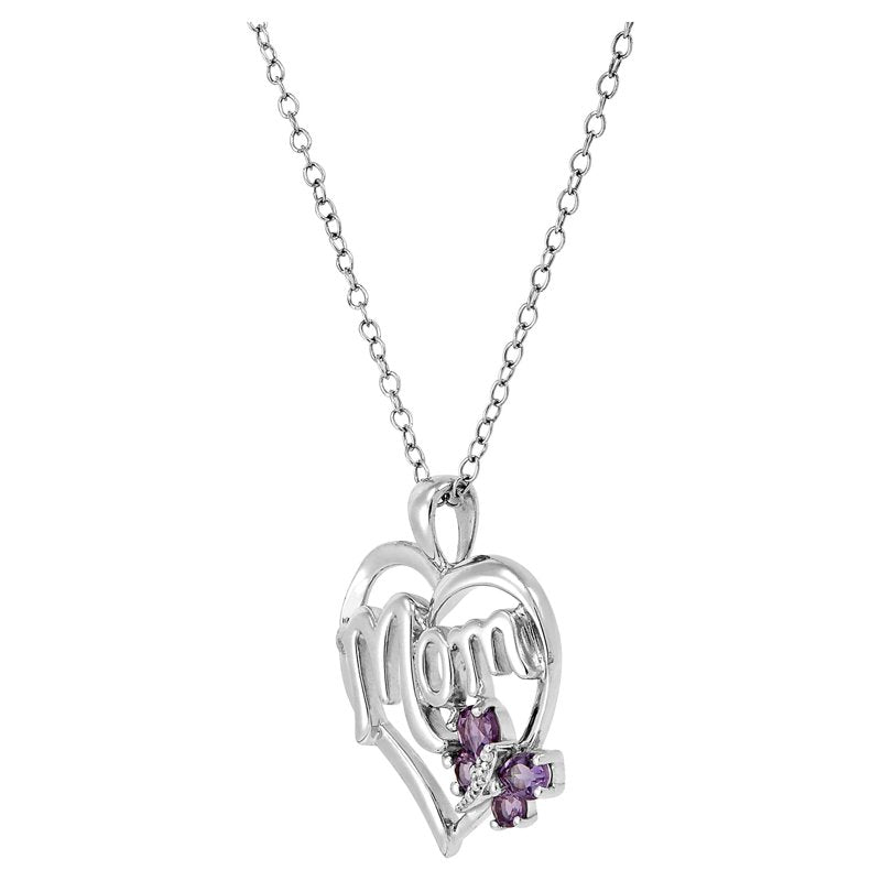 Sterling Silver Heart Pendant with Amethyst and Diamond for Mom - 18 Inch Chain