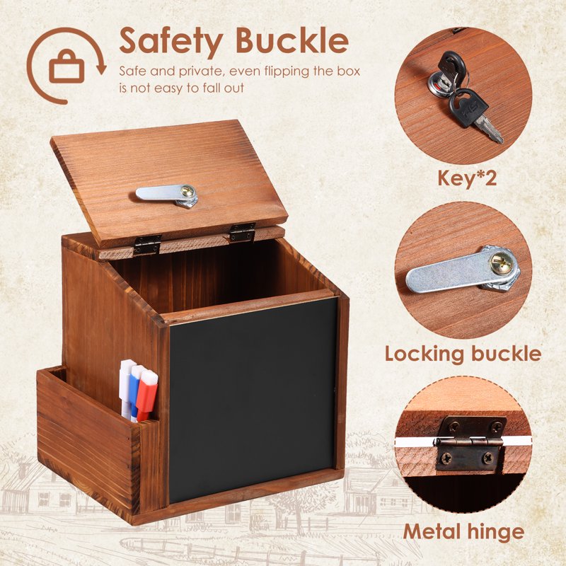 Wood Suggestion Box with Lock and Slot, Includes 10 Cards & 3 Erasable Pens
