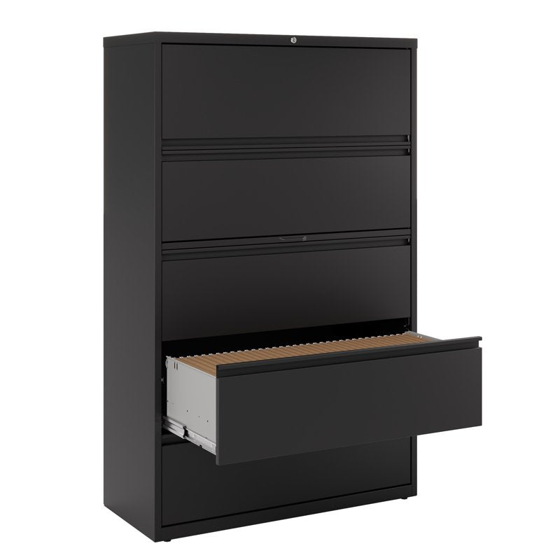 42-Inch Wide Metal 5-Drawer Lateral File Cabinet in Black - Heavy Duty Office Storage