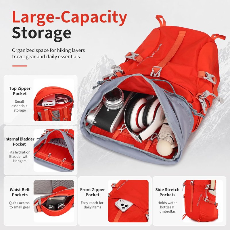 JIDIZHE 32L Hiking Backpack with Internal Frame & Rain Cover - Red004, Lightweight Daypack for Hiking, Camping & Travel