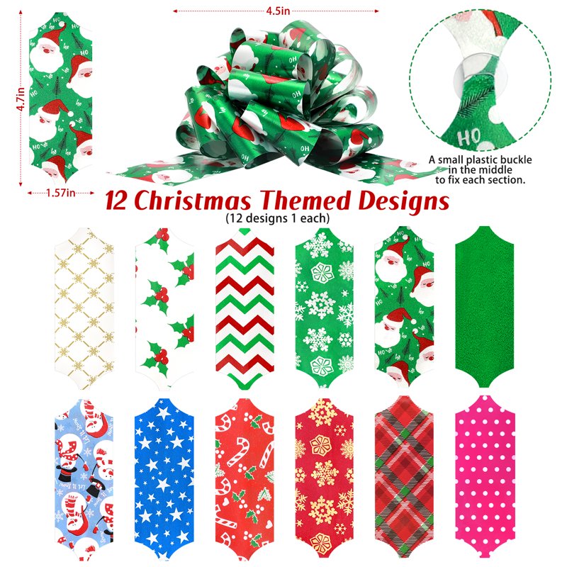 Christmas Gift Wrap Bows - 12 Pcs Holiday Ribbon Bows for Gift Packaging