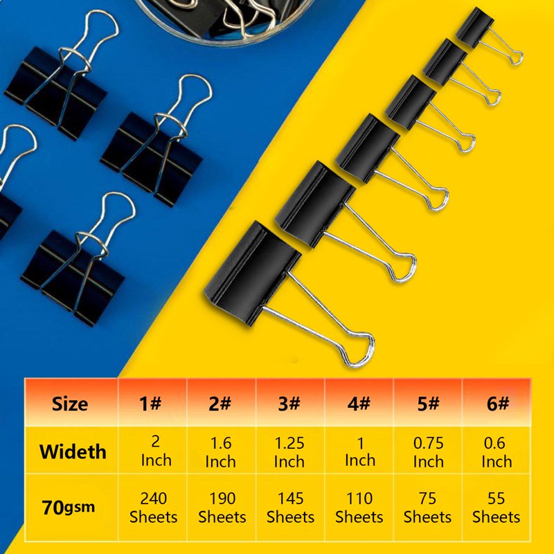 Heavy Duty Binder Clips Set 200 Pieces in 6 Sizes for Office & Home Organization