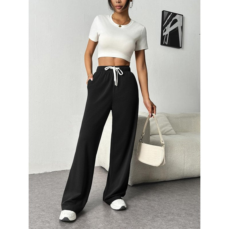 High Waist Wide Leg Sweatpants for Women - Joggers with Pockets & Drawstring