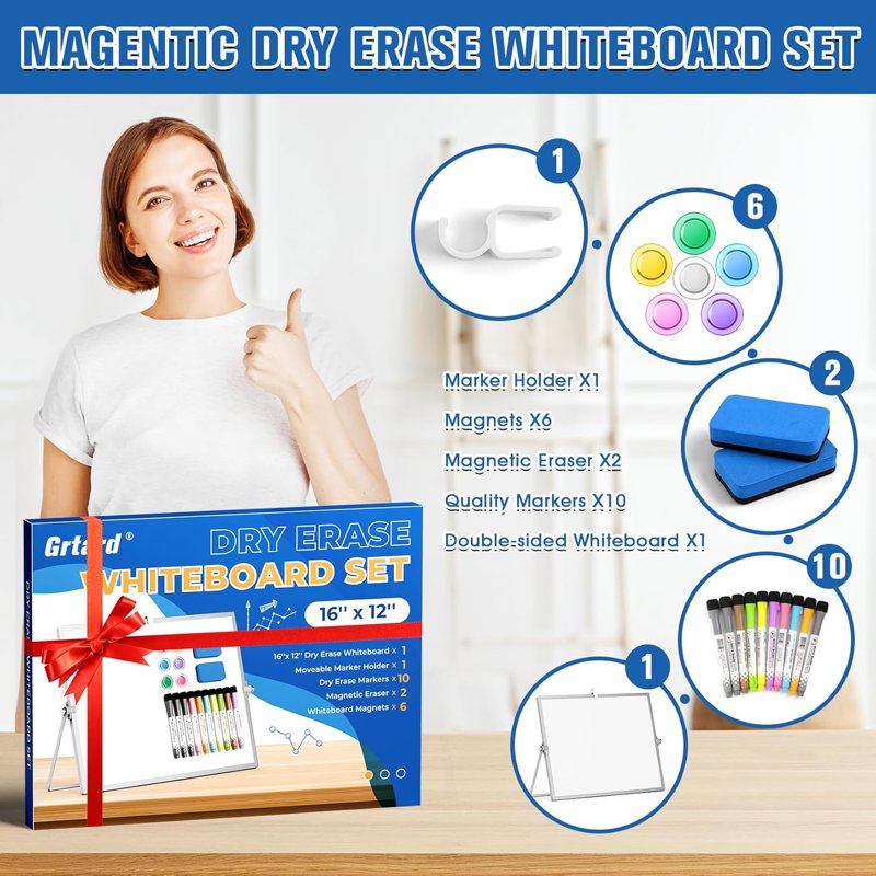 Magnetic Dry Erase Whiteboard with Stand - Double-Sided 16x12 Inch, Includes Markers & Erasers