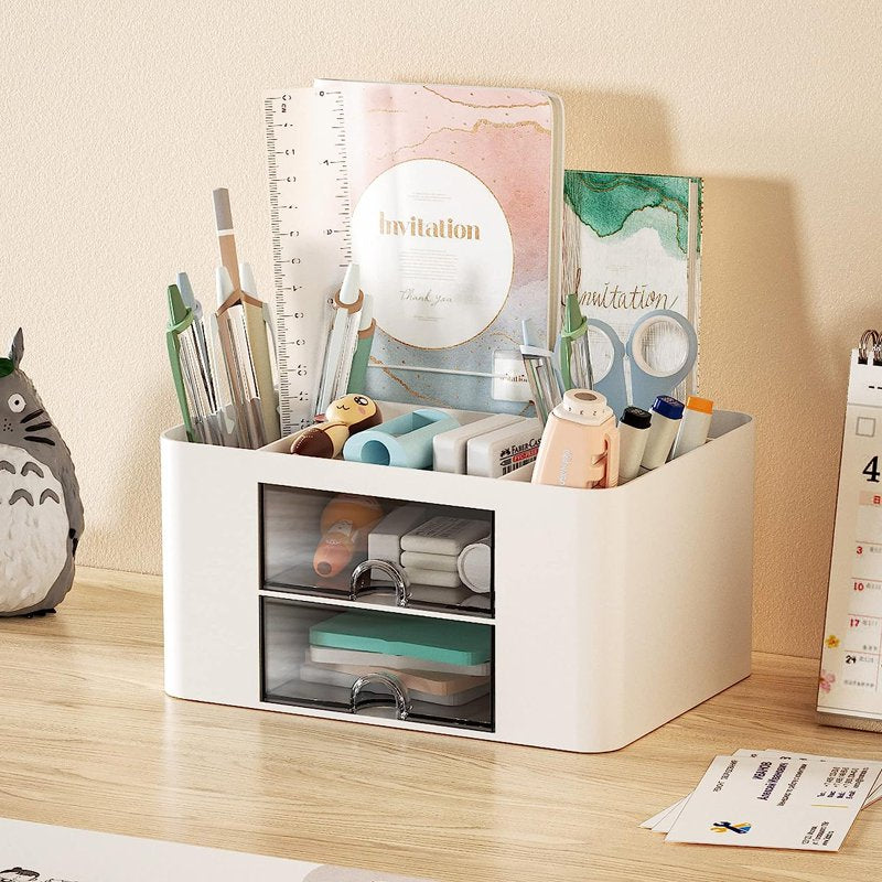 Multi-Functional Pen Organizer with 2 Drawers and Compartments - White Desk Storage