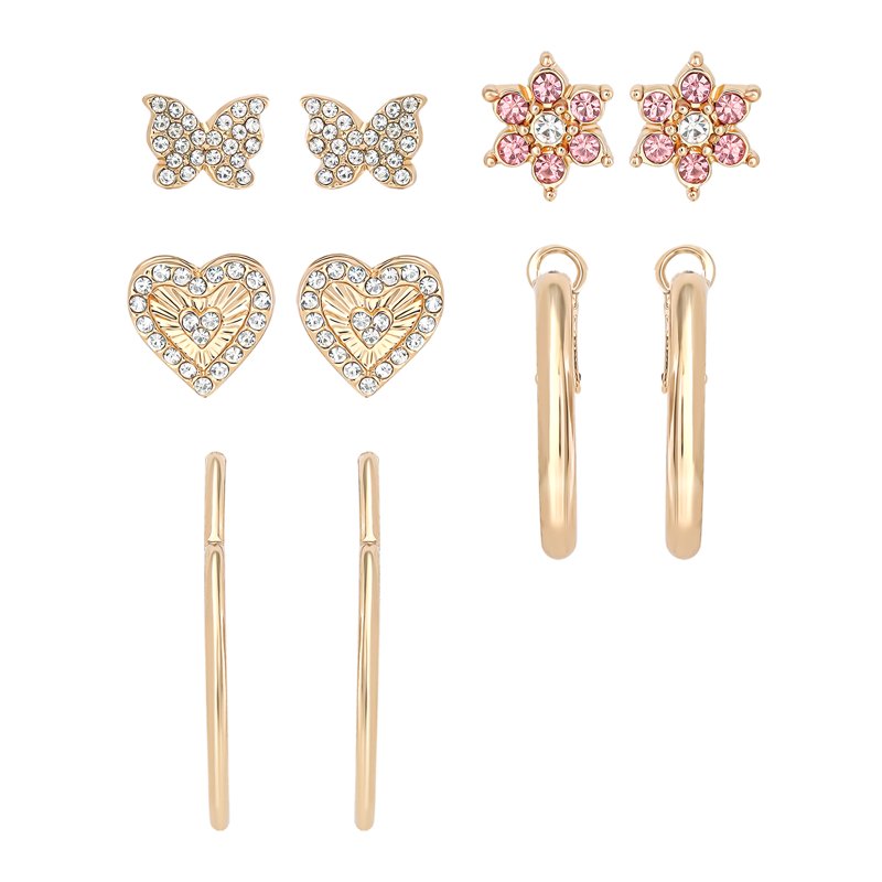 Women’s Heart and Butterfly Earrings Set - 5 Pairs Gold-Tone Jewelry Gift