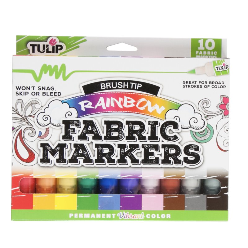 Rainbow Fabric Markers Set - 10 Brush Tip Markers for Textiles, Washable, Permanent
