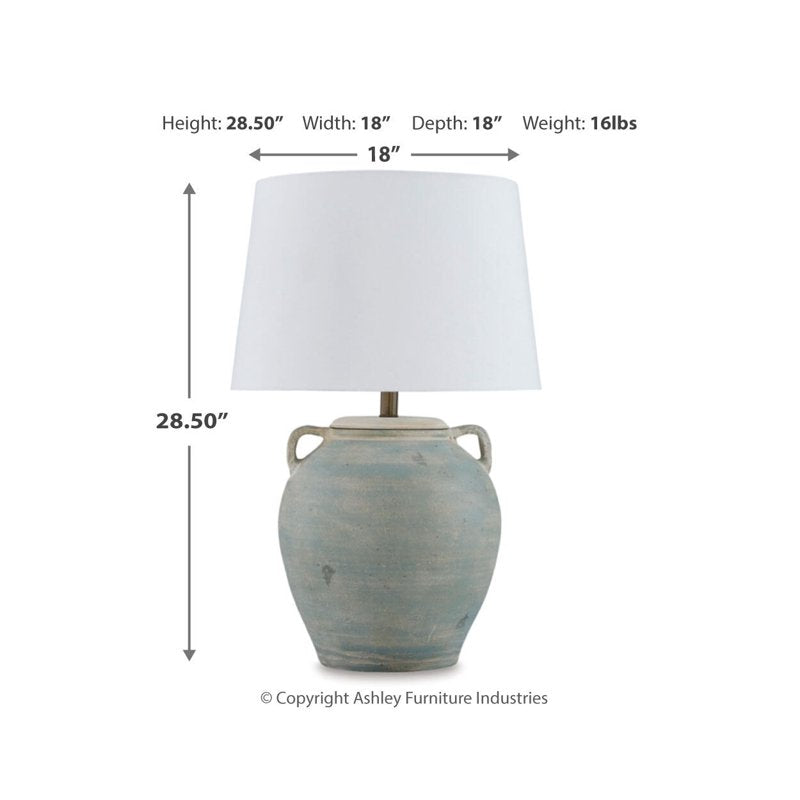 Terracotta Table Lamp with Green Finish and Drum Shade - 28.5 Inch