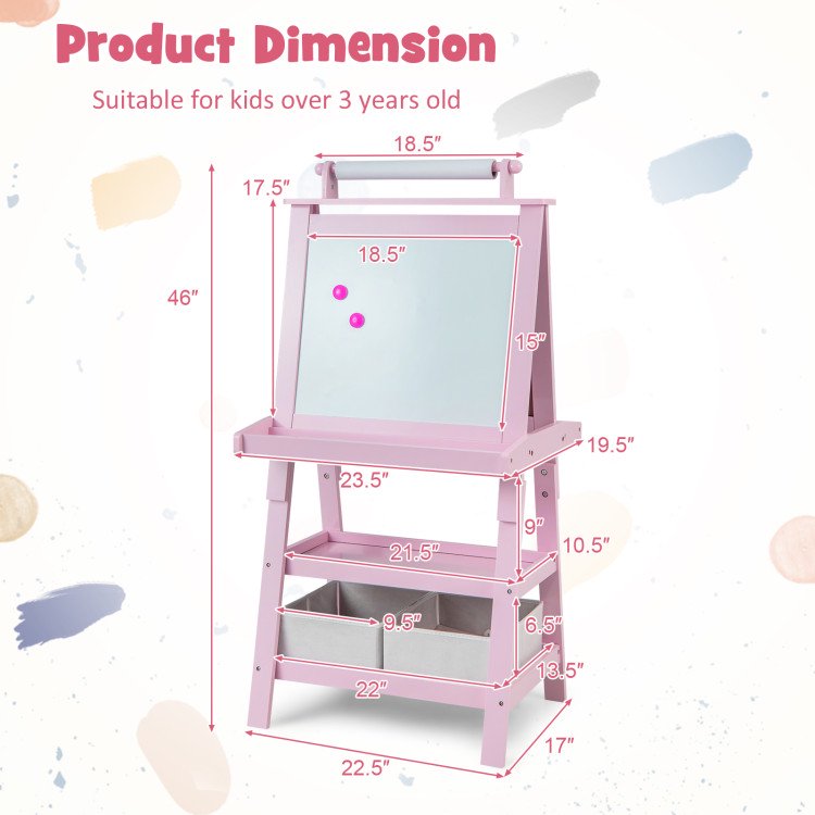 Kids Art Easel with Drawing Board & Paper Roll - 3-in-1 Double-Sided Craft Station for Study & Play