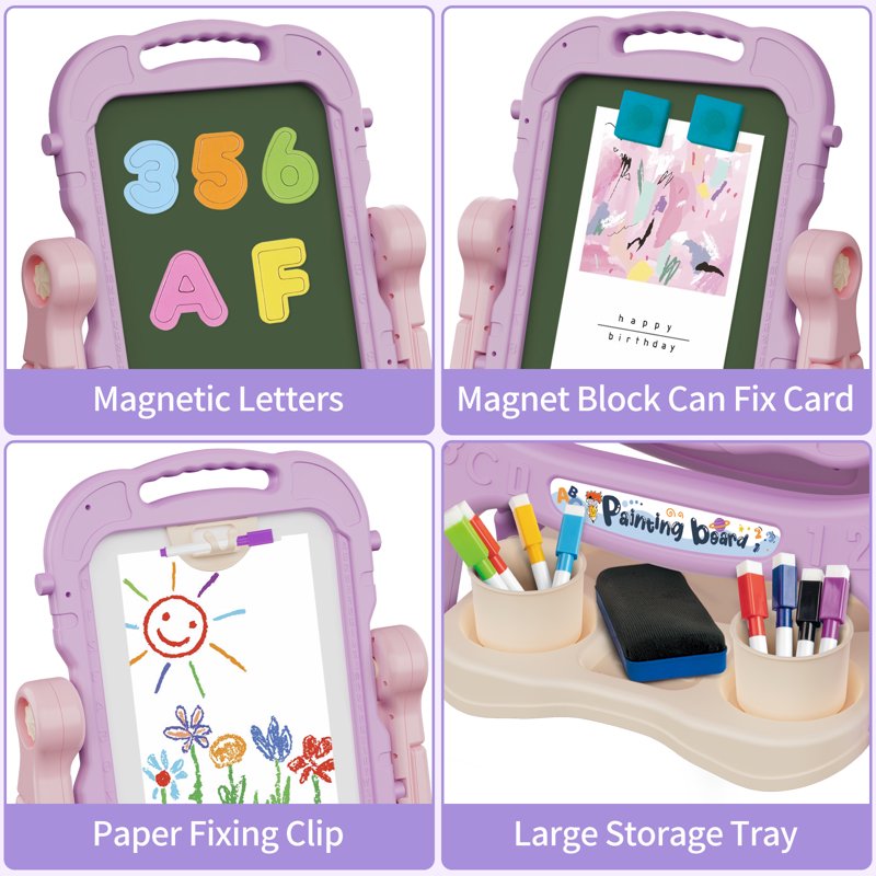 Kids Adjustable Double-Sided Art Easel with Chair, Whiteboard & Chalkboard Set
