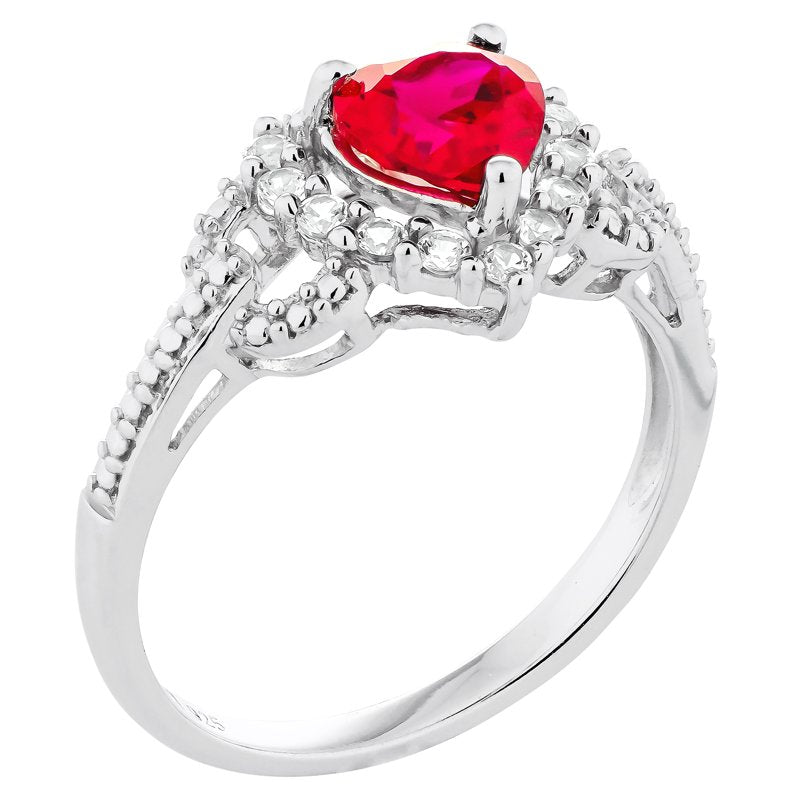 Sterling Silver Heart Ring with Lab Created Ruby & White Sapphire - Gift-Ready