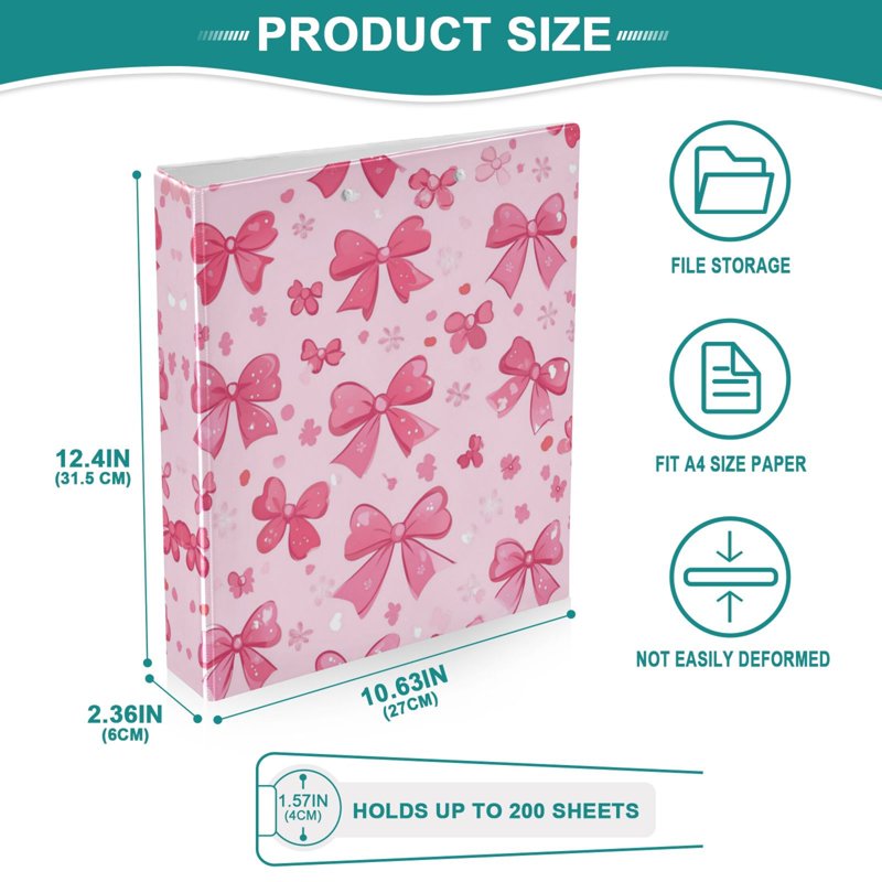 Pink Cute Bows 3-Ring Hardcover Binder - 1.5 Inch Round Rings for Office & School