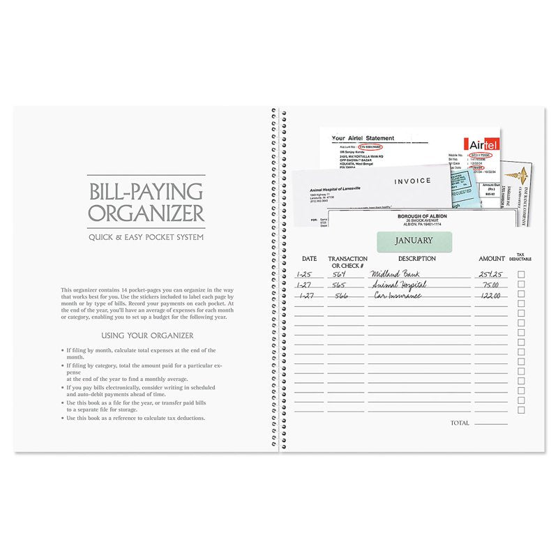 Spiral Bill Paying Organizer - 14 Pocket File Folder with Receipt Storage