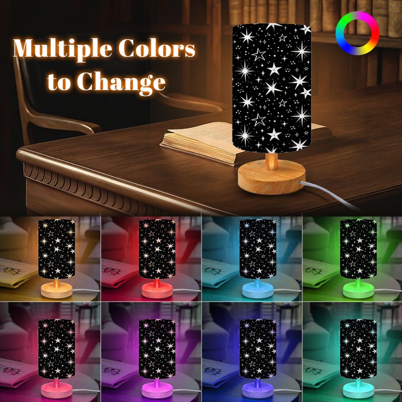 Dimmable 16-Color Bedside Table Lamp with Wood Base & Fabric Shade — Kids Nightstand Light