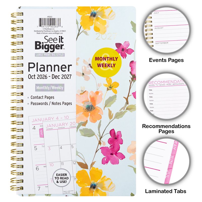 See It Bigger Floral Monthly Weekly Planner 15-Month, Large Print, 5.5 x 8.75 Inches