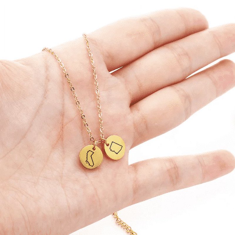 Personalized Long Distance State Necklace Engraved Round Jewelry Gift for Her