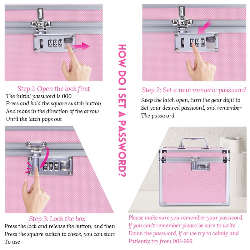 Secure Lock Box with Code Combination for Jewelry, Medicine, and Valuables - Pink, Compact 7.25"x7.75"x10"