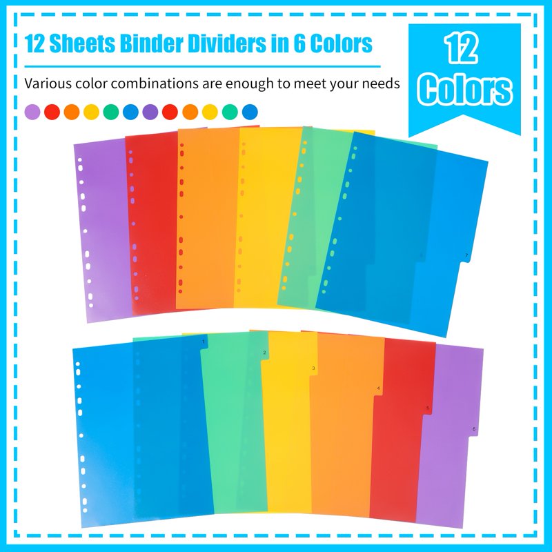 60-Tab Binder Dividers Set with 12 Color-Coded Tabs for 3-Ring Binders, Waterproof Plastic Office & School Supplies