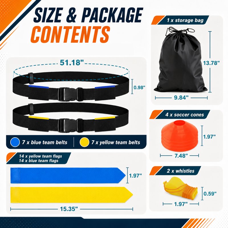 Flag Football Belts Set with Flags Cones Whistles & Carry Bag - Adjustable for Team Training