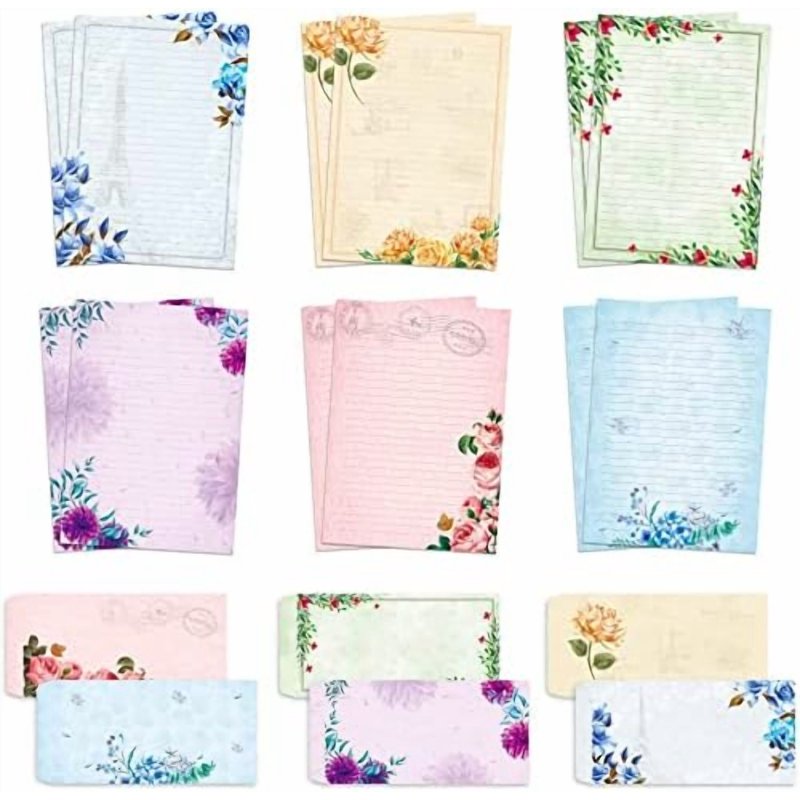 Vintage Floral Stationery Paper and Self-Sticking Envelopes Set 7x10 Inch