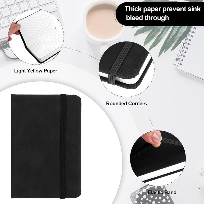 Leather Pocket Notebook Set - Mini A7 Notepad 4.33 x 3.14 Inch with Elastic Band, 10 Black Journals