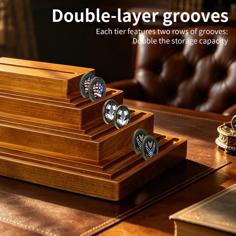 4-Tier Solid Wood Challenge Coin Display Stand - Walnut Collector's Organizer