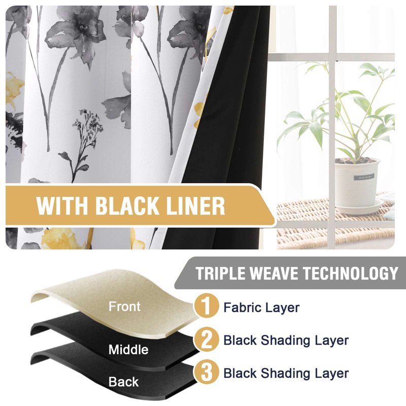 Blackout Floral Curtains with Thermal Liner – Cattleya Pattern, 52 x 108 Inches