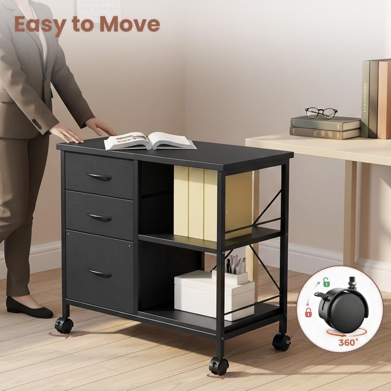 3-Tier Mobile File Cabinet with Lockable Casters and Storage - Rustic Black