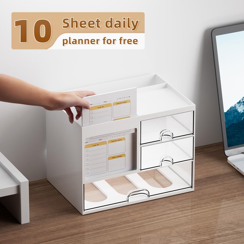 Multi-Compartment Desk Organizer with Drawers and Pen Holder - White/Green
