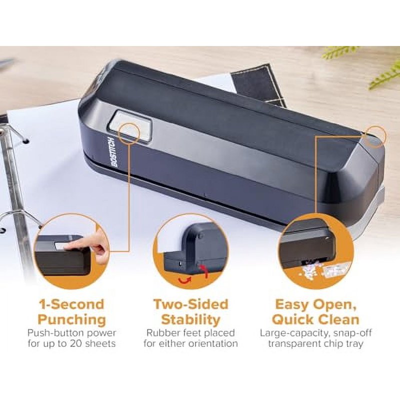 Electric 20-Sheet Three-Hole Punch with Adjustable Guide - Black
