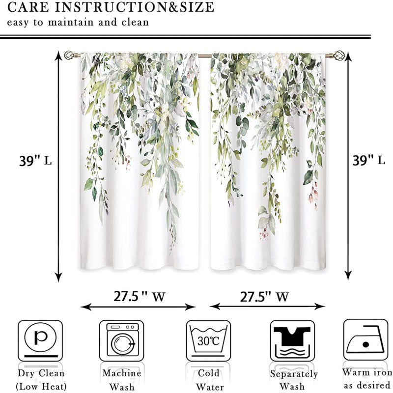 Eucalyptus Botanical Leaf Window Curtains for Kitchen & Bathroom - Sage Green, Blue, Burgundy, Gray - 27.5x39 Inch, Set of 2
