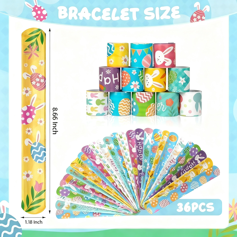 36-Pack Easter Slap Bracelets - Bunny, Egg & Flower Designs Bulk Gift Set