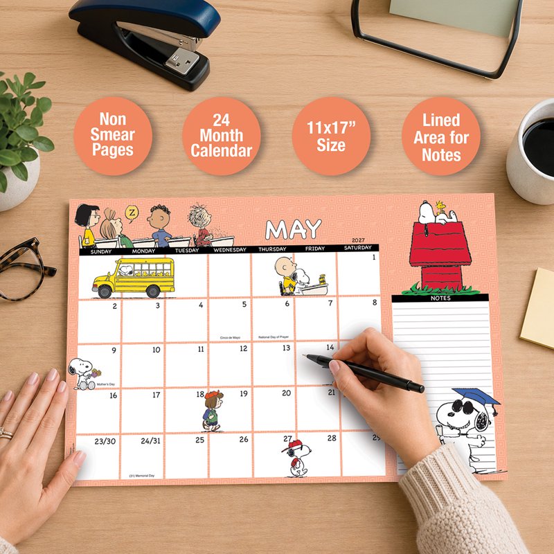 Peanuts Desk Calendar Pad 2027–2028 Large 11x16.25 Inch 24-Month Office Organizer