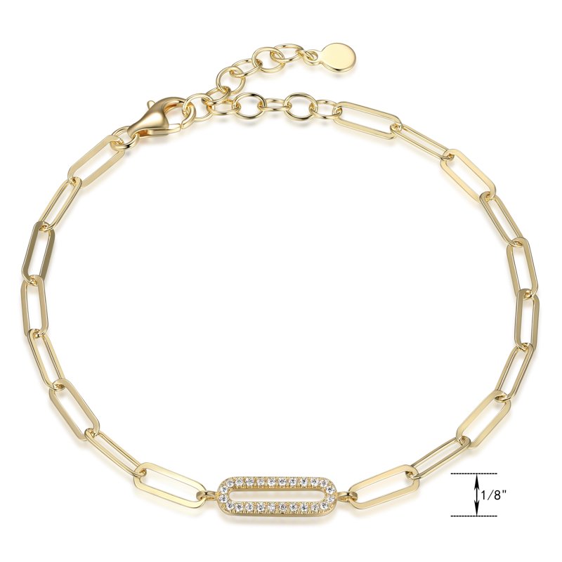Gold & Silver CZ Oval Link Paperclip Bracelet 6.75" + 1.25" Extension