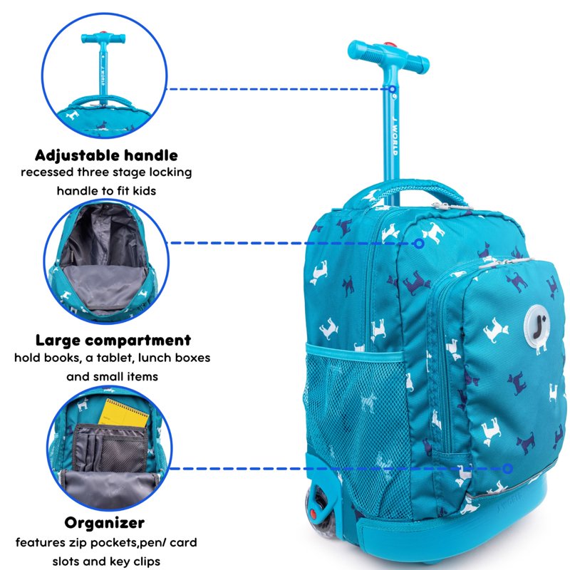 Kids Rolling Backpack 17 Inch School & Travel Bag with Wheels and Organizer