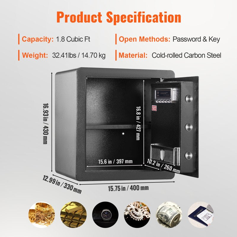 Digital Security Safe Box 1.8 Cu Ft with Inner LED Light and Dual Lock System
