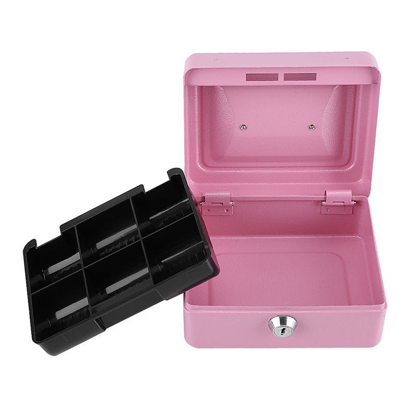Mini Portable Steel Security Safe Box with Key Lock & Removable Tray - Pink