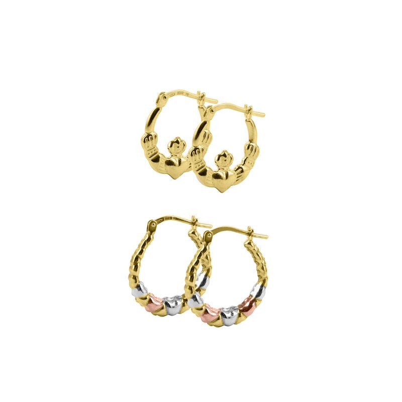 Sterling Silver 14K Gold Plated Claddagh & Heart Hoop Earrings - Hypoallergenic