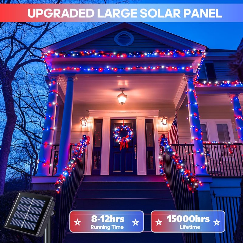 Red White and Blue Solar Lights 200LED 75.5ft Patriot String Lights, 8 Modes, Waterproof