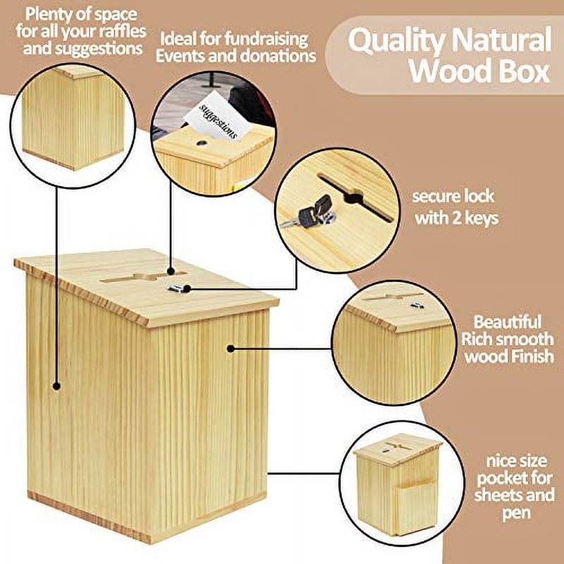 Natural Wood Donation & Suggestion Box with Locking Lid for Office or Countertop