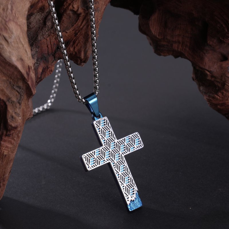 Men's Stainless Steel Cross Pendant Necklace with Cobalt Drip Design