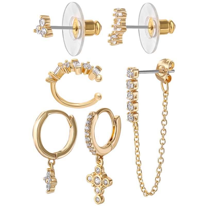 Women's 6-Piece Gold Flash Plated Cubic Zirconia Earring Set - Hypoallergenic & Versatile