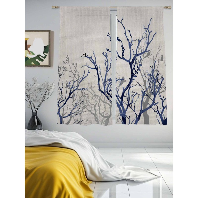 Sheer Curtains 63 Inch Length Botanical Bird Farmhouse Window Treatment Set – Multiple Sizes