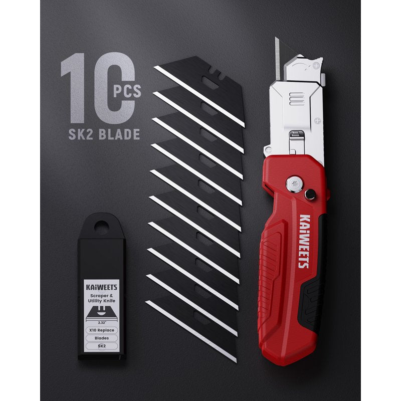 Retractable Utility Knife with Blade Storage and 12 SK2 Blades - DIY Home Renovation Tool, Red