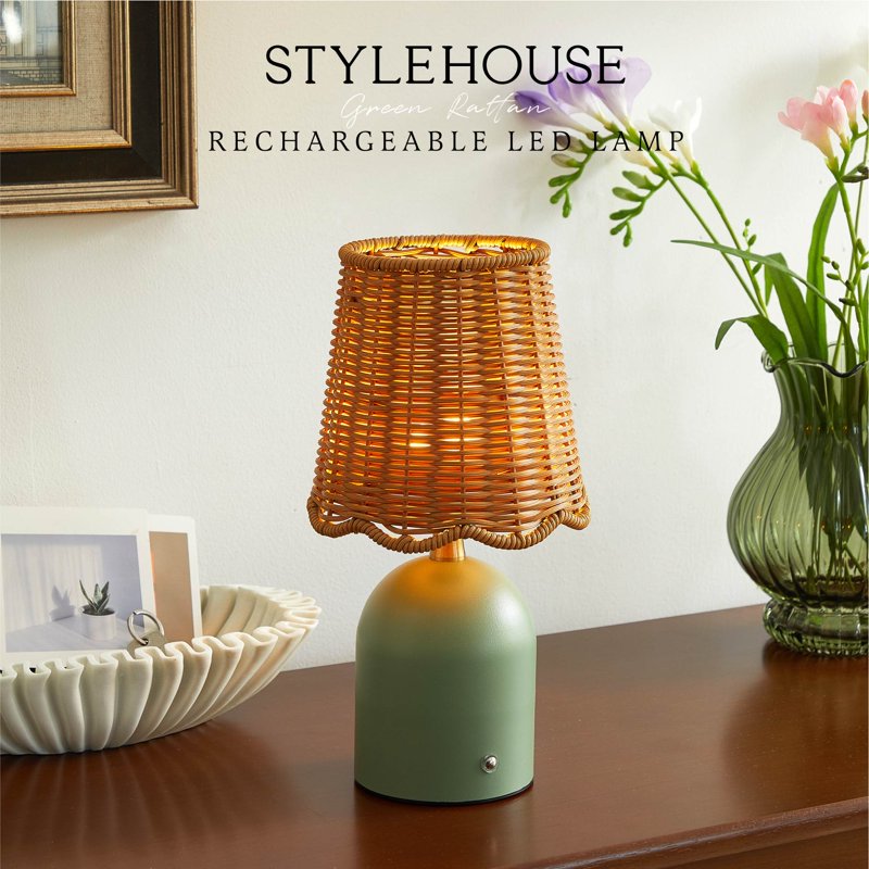 Rechargeable Green Rattan LED Table Lamp - Cordless Dimmable Accent Light
