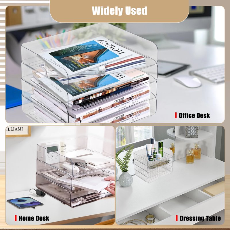 Stackable Desk Organizer Trays 4 Pack Clear Office Storage Sets